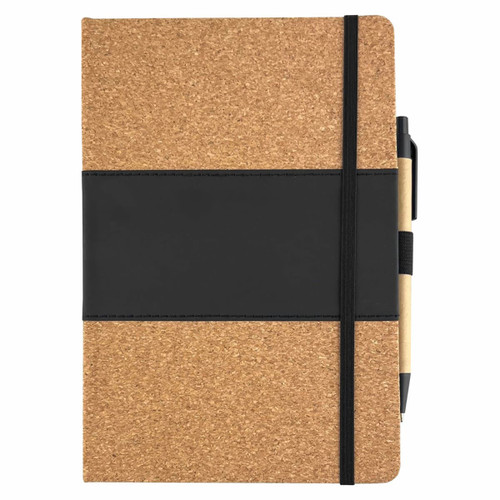 A cork notebook with a black band and a pen attached, featuring a sleek, minimal design.