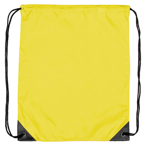 A yellow nylon backsack with black corners and drawstring closure. It features a logo on one side.