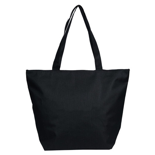 A large black tote bag with dual handles and a simple design. It features a branding logo.