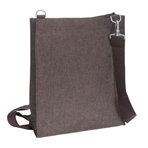 A brown nylon library bag with a shoulder strap and a metal clip, featuring a simple design and no visible branding.
