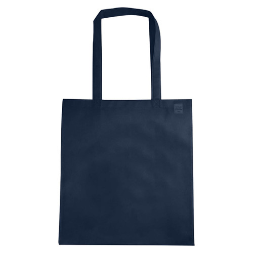 A navy non-woven tote bag with a V gusset and dual handles, featuring a logo.