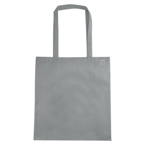 A grey non-woven tote bag with a V gusset and long handles, featuring a simple logo.