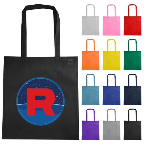 A black non-woven reusable grocery bag with a logo, surrounded by bags in various colours including pink, red, and yellow.