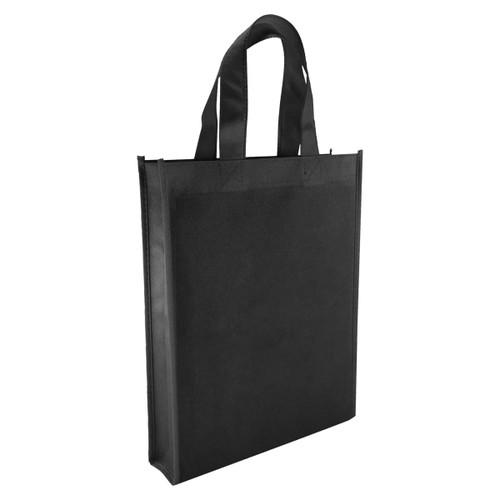 A black non-woven tote bag with two shoulder straps and an unembellished design.