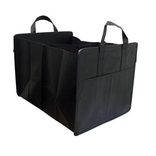 A black non-woven cargo organiser with multiple compartments and two handles for easy carrying. It features a logo.