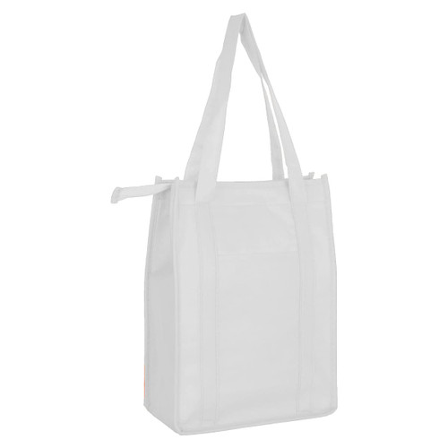 A white non-woven cooler bag with a top zip closure and sturdy handles, featuring a blank design.