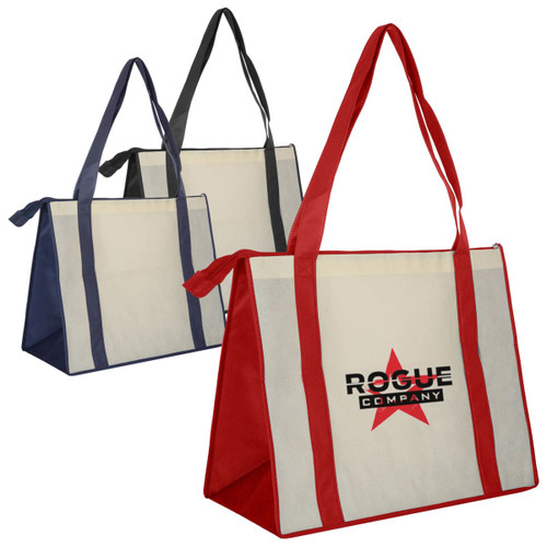 A large zipped shopping bag in red, navy, and charcoal, featuring a logo on each. Ideal for reusable grocery use.