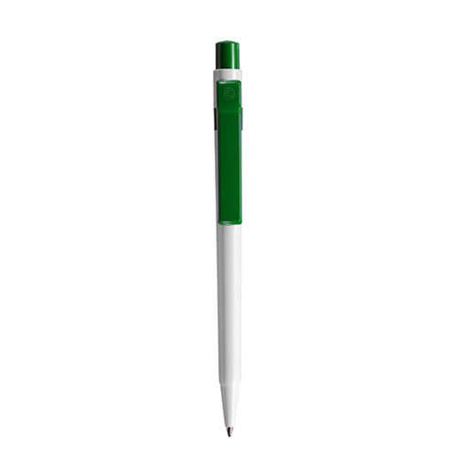A plastic pen featuring a white body and green accents, with a logo on the side.
