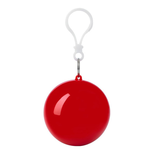 A red spherical product with a keychain attachment. It has a glossy finish and a smooth surface.