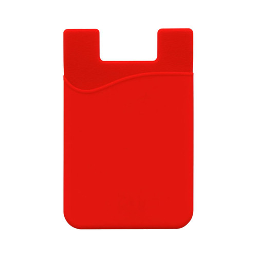 A red mobile phone wallet with a wavy design and a slot for cards, featuring a logo.