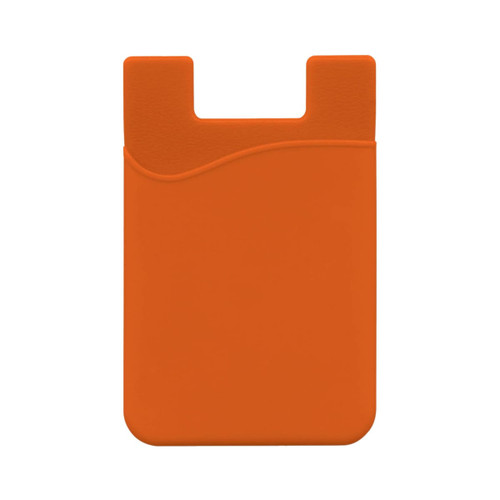 An orange mobile phone wallet with a smooth texture and a wave design along the edge. It has a placeholder for cards.