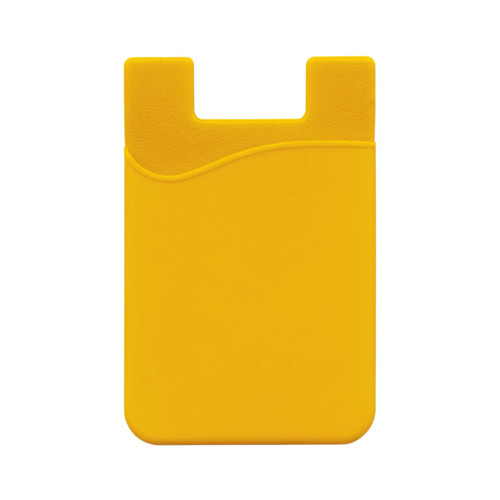 A yellow mobile phone wallet featuring a curved design and a slot for holding cards.
