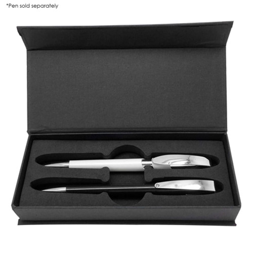 A sleek black packaging featuring two writing instruments in silver and chrome finishes. Includes a logo.