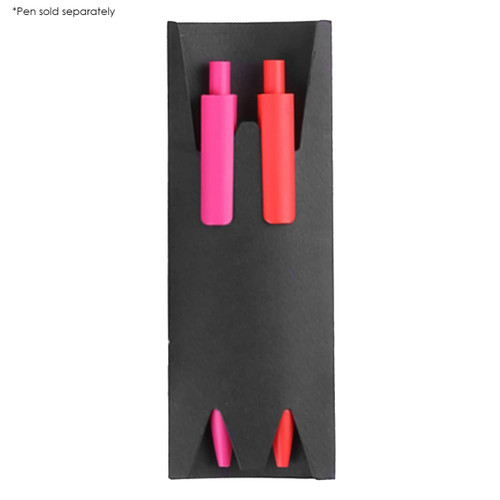 A double paper pen sleeve in black, featuring two slots for pens in pink and red. Includes a logo.