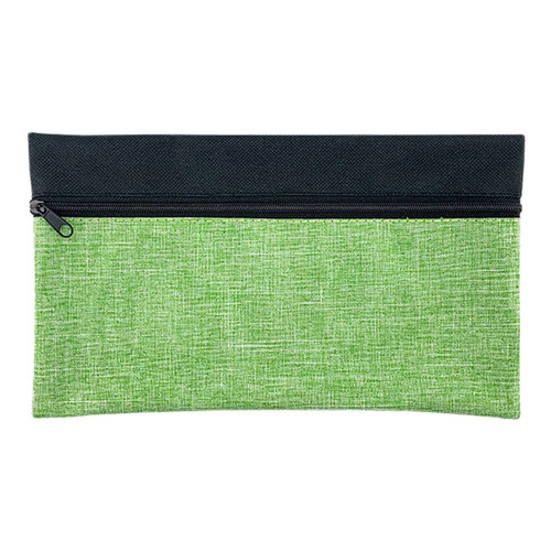 A green and black pencil case with a zip closure, featuring a textured design. It has a logo on the front.