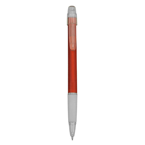 A plastic pen in vibrant red with a transparent barrel and a white grip. It features a click mechanism at the top.