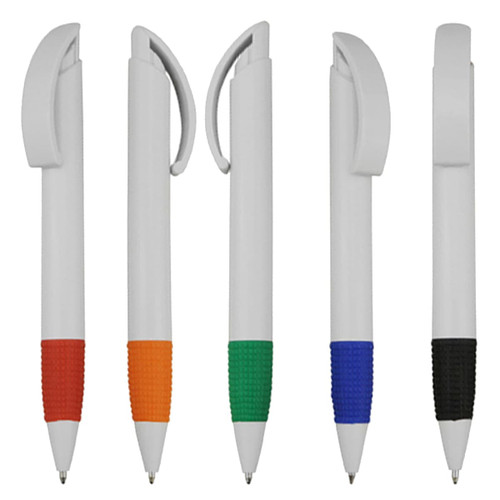 A collection of five plastic pens in white with coloured grips: orange, green, blue, and black. Each pen has a logo.