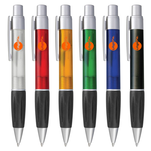 A collection of plastic pens in clear, red, orange, green, blue, and black, each with a clip and a branding logo.