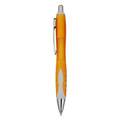 An orange plastic pen with a white grip and silver clip, featuring a rounded design and a metal tip.