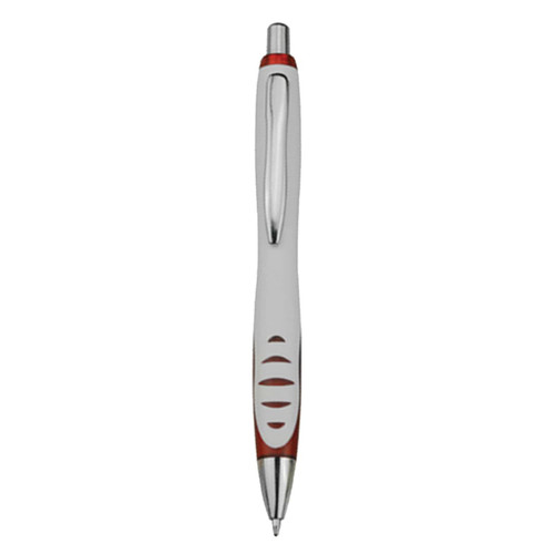 A plastic pen featuring a white and red design with a chrome clip and accents. It includes a logo.