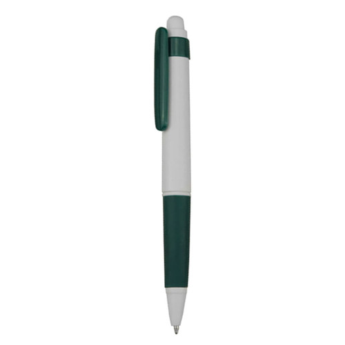 A plastic pen with a green and white design, featuring a clip and a rubber grip. It has a logo on it.