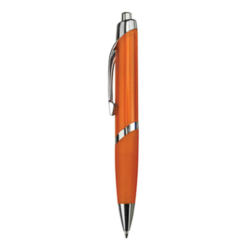 An orange plastic pen with a silver clip and detailing. It features a polished finish.
