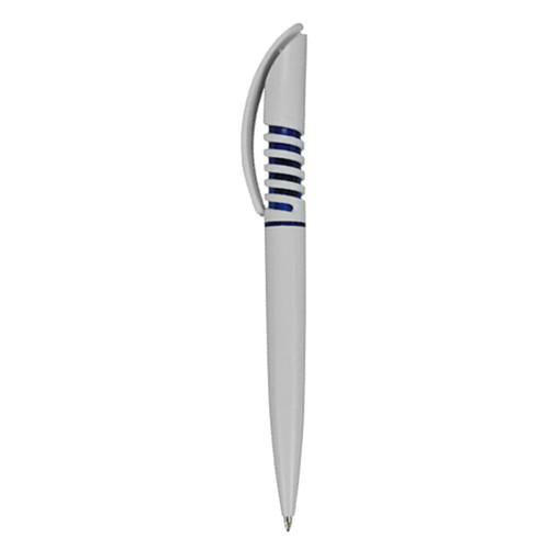 A plastic pen in grey with blue accents, featuring a logo on its side.