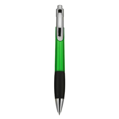 A plastic pen with a bright green barrel and a black grip, featuring a silver clip and tip. It has a logo on the barrel.