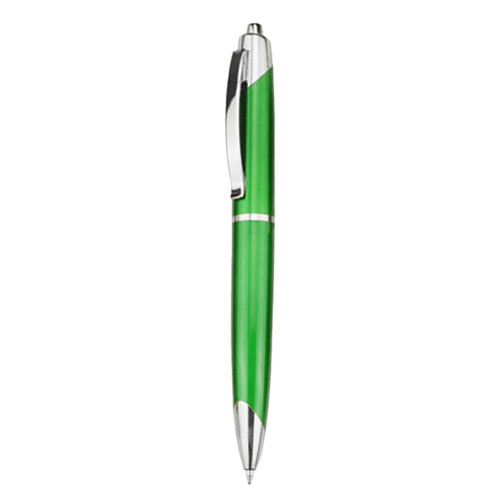 A green plastic pen with chrome accents, featuring a clip and a smooth barrel design.