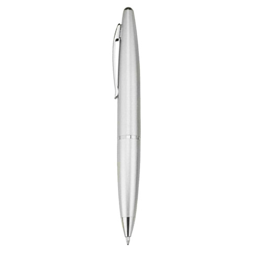 A silver plastic pen with a sleek design, featuring a clip and a branding logo.
