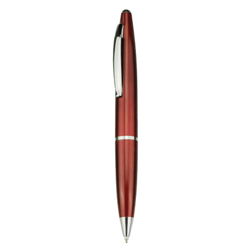 A sleek red plastic pen with silver accents and a clip, featuring a subtle logo on the body.