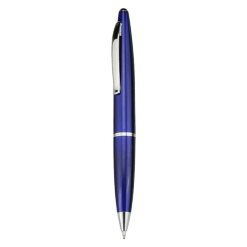 A blue plastic pen with a silver clip and detailing, featuring a logo on its body.