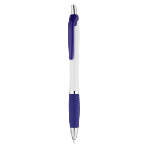 A plastic pen featuring a white body and purple accents, with a textured grip for easy handling. It has a logo.