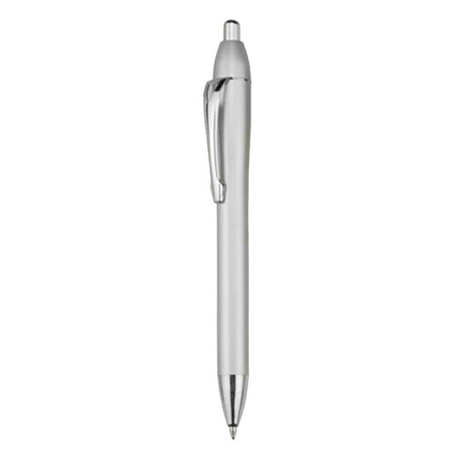 A silver plastic pen with a sleek design and a clip. The pen features a shiny finish and a ballpoint tip.