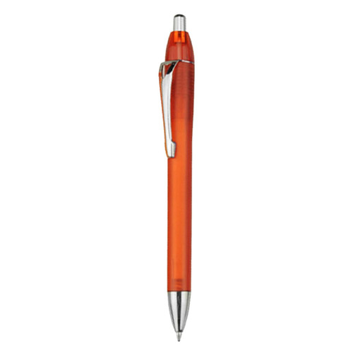An orange plastic pen with a silver clip and a shiny tip, featuring a logo on the barrel.