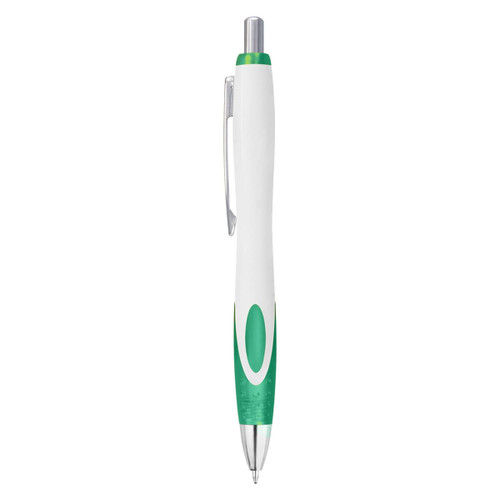 A plastic pen in white with green accents and a silver clip, featuring a logo on the body.