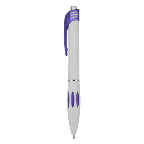 A plastic pen in white with purple accents and a logo. It features a click mechanism and grip sections.