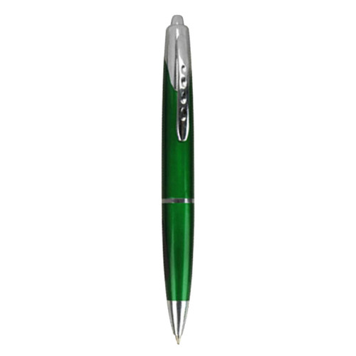 A green plastic pen with a shiny silver clip and accents, featuring a logo on its body.