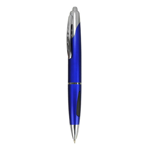 A blue plastic pen with a silver clip and accents, featuring a grip for comfort. It includes a logo on its surface.
