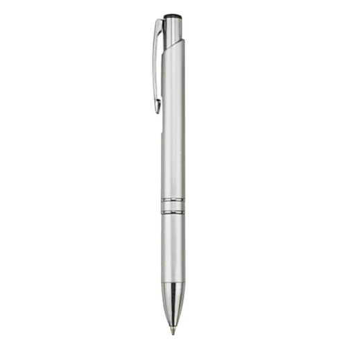 A sleek silver plastic pen with a clip and a shiny tip, featuring a logo on the barrel.