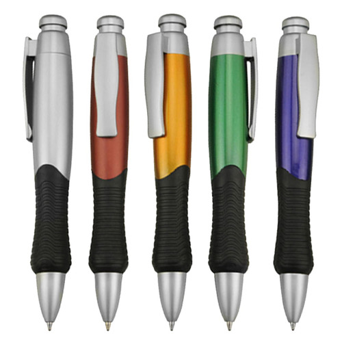 A set of five plastic pens in silver, brown, orange, green, and purple with textured black grips. Each pen features a logo.