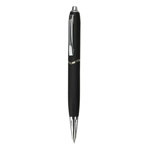 A sleek black plastic pen with chrome accents and a smooth, refined design. It features a logo on the barrel.