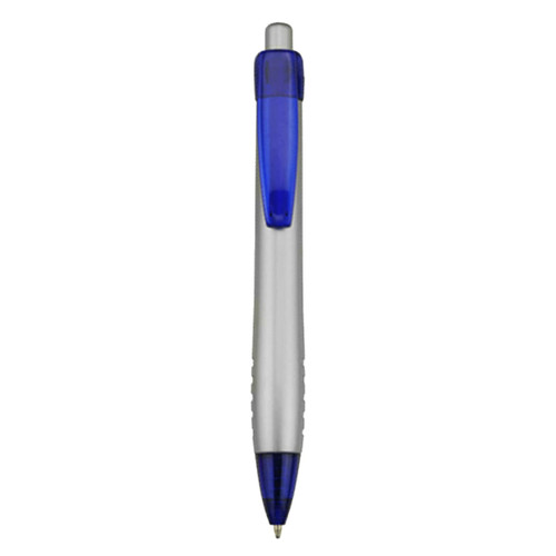 A plastic pen with a silver barrel and a blue grip and click top, featuring a branding logo.