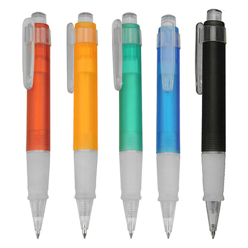 A set of plastic pens in orange, yellow, green, blue, and black, featuring transparent grips and clips.