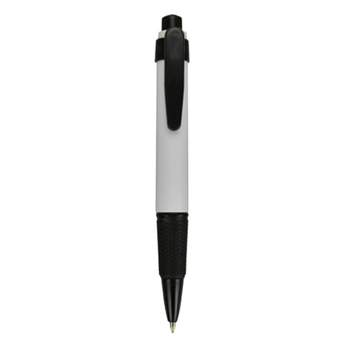A plastic pen in white and black with a textured grip and clip, featuring a logo.