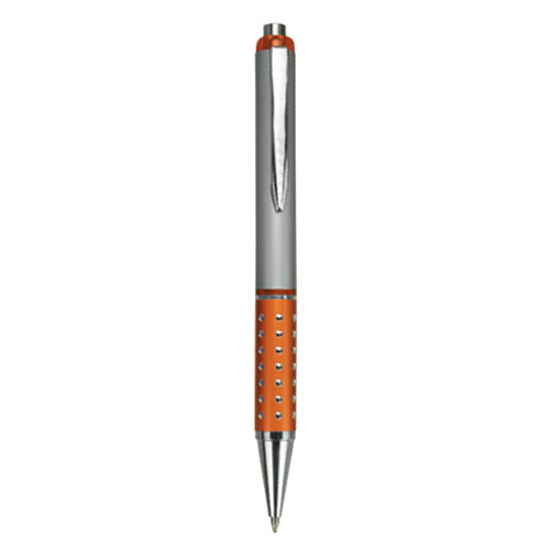 A plastic pen featuring an orange grip and silver accents, with a logo on the barrel.