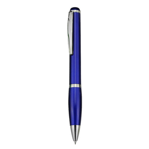 A blue plastic pen with a silver clip and accents, featuring a sleek, modern design.