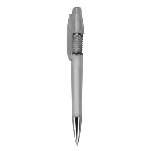 A plastic pen with a translucent grey body and silver accents, featuring a retractable mechanism and a branding logo.