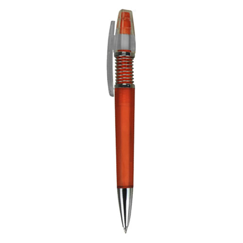 A plastic pen in vibrant orange with a transparent grip and silver-toned tip, featuring a logo.