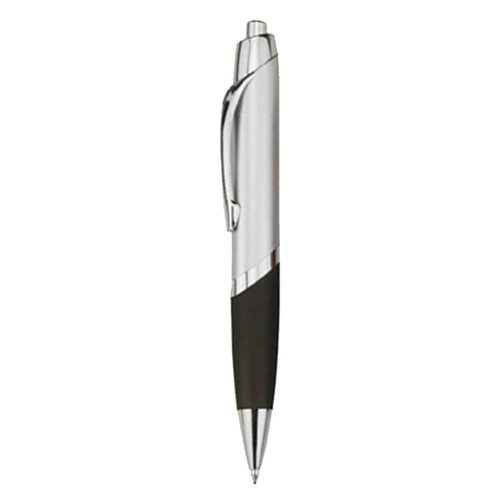A plastic pen with a chrome barrel and a black grip, featuring a clip and a branding logo.